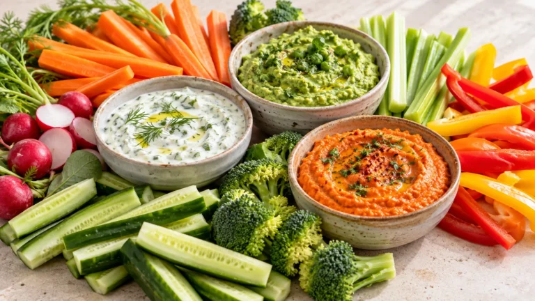 Looking for Low-Fat Vegetable Dips? 12 Lighter Ideas to Compare served with colorful fresh vegetables