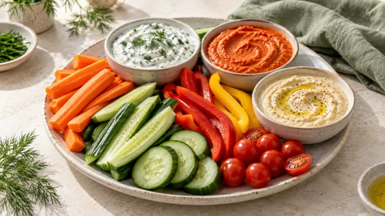Low-FODMAP vegetable dip ideas with carrots, cucumbers, bell peppers and three creamy dips