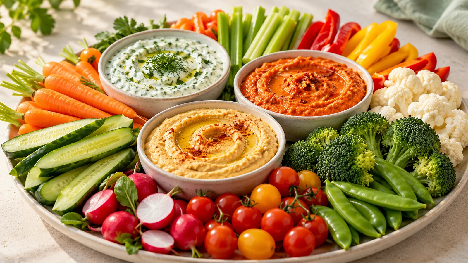 12 Easy Party Vegetable Dips for Veggie Trays & Appetizers served with colorful fresh vegetables