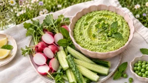 Fresh creamy pea and mint dip with vegetables