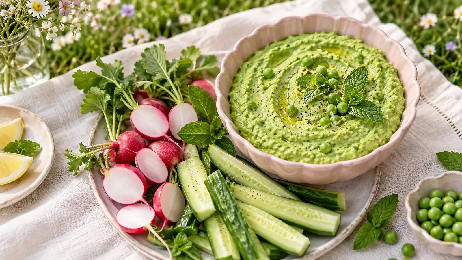 Fresh creamy pea and mint dip with vegetables