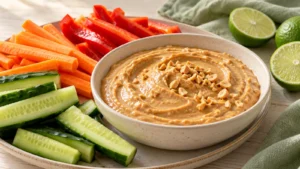 Creamy peanut lime dip with carrot sticks, cucumber, peppers and lime