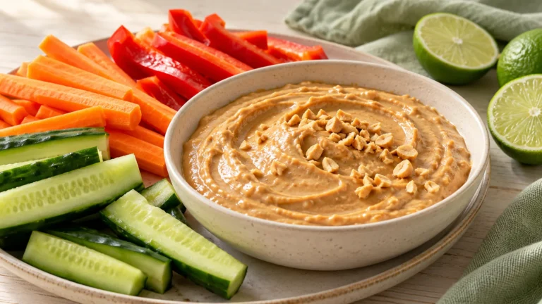 Creamy peanut lime dip with carrot sticks, cucumber, peppers and lime