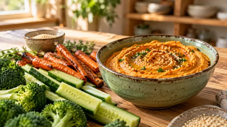 Creamy roasted carrot tahini dip with fresh vegetables