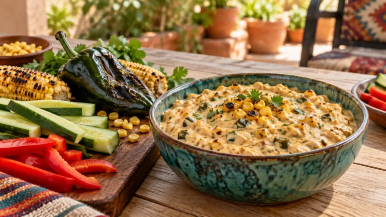 Creamy roasted corn poblano dip with fresh vegetables