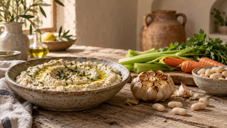 Roasted garlic white bean dip with fresh vegetables