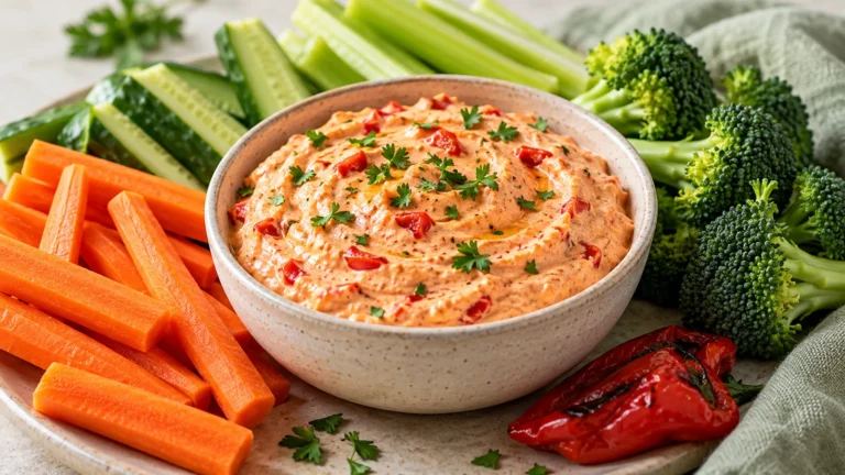 Roasted red pepper Greek yogurt dip with parsley, carrot sticks, cucumber, celery and broccoli