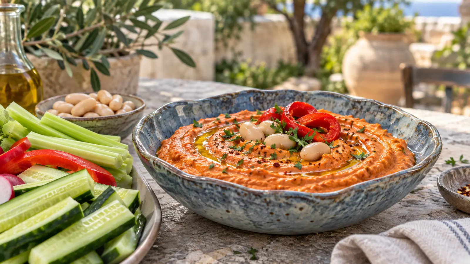 Creamy roasted red pepper white bean dip with fresh vegetables