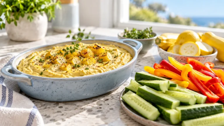 Creamy roasted yellow squash dip with fresh vegetables