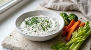 Sour cream veggie dip with carrots, broccoli and celery