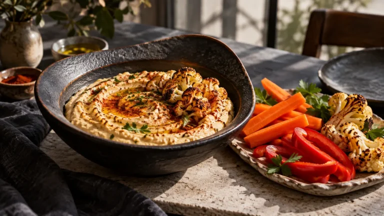 Spicy roasted cauliflower dip with fresh vegetables