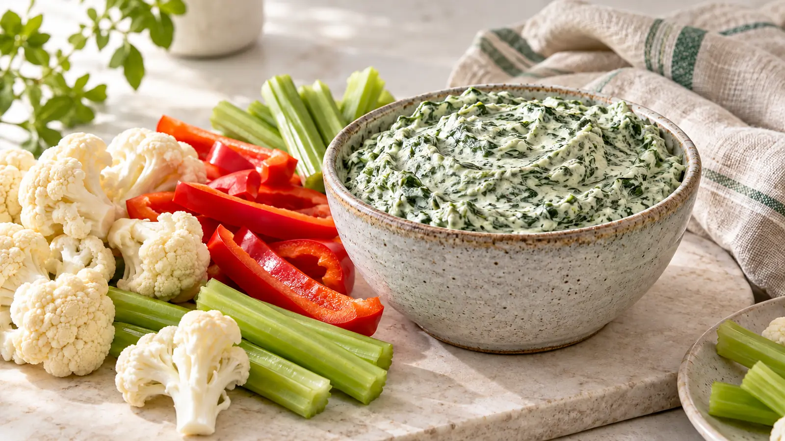 Creamy spinach dip without mayo served with fresh vegetables