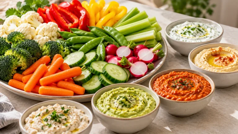 Store-bought vegetable dips represented by unbranded bowls of herb, hummus, avocado and roasted pepper dips beside fresh vegetables