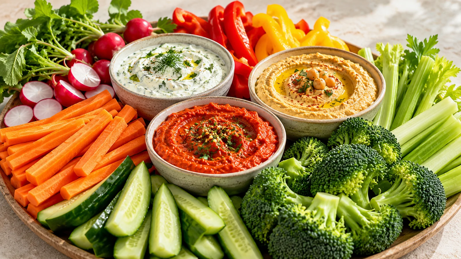 10 types of vegetable dips arranged in small bowls with distinct colors and textures