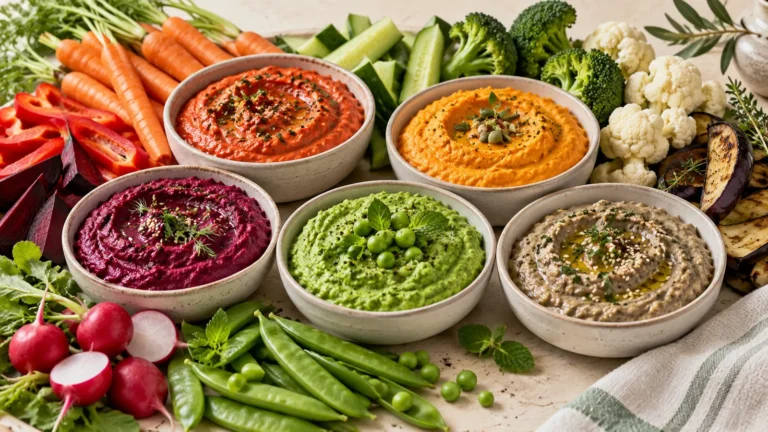 Vegetable-based dips made with red pepper, carrot, beet, peas and eggplant