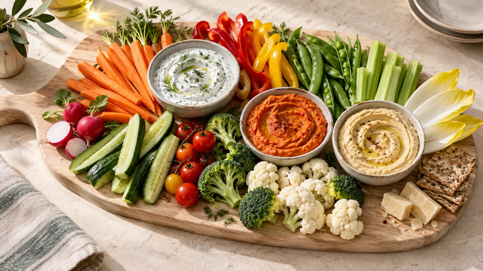 Vegetable dips for a charcuterie board with fresh vegetables, crackers and cheese