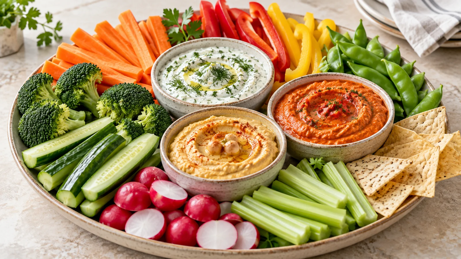 Vegetable dips for chips and crackers with fresh vegetables, herb dip, hummus and roasted red pepper dip