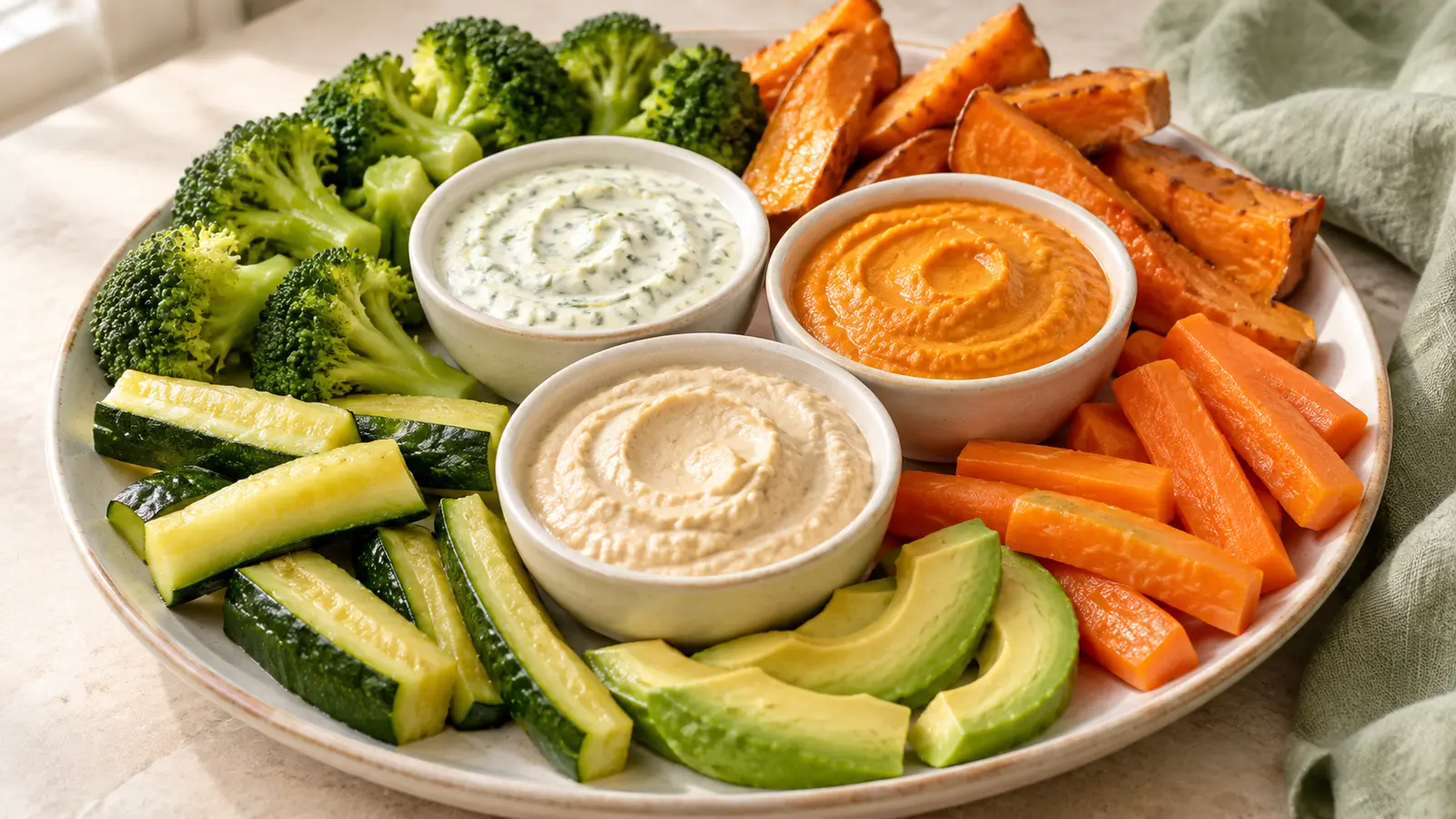 Vegetable dips for toddlers with soft cooked broccoli, zucchini, sweet potato, carrot and avocado