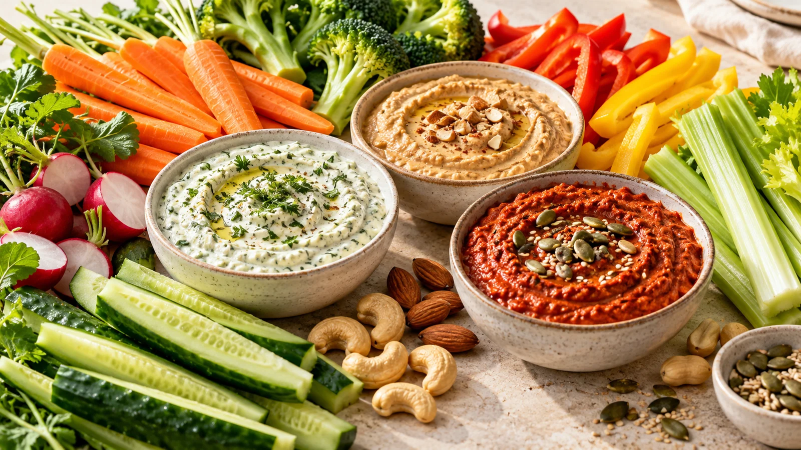 Vegetable and nut dips made with cashews, almonds, peanuts and colorful vegetables