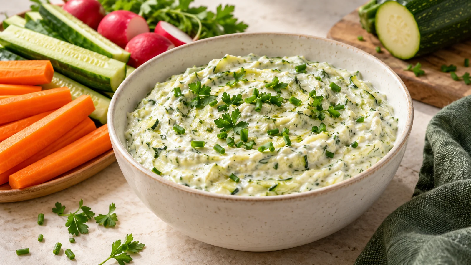 Zucchini yogurt dip with chives and parsley, served with carrot sticks, cucumber spears and radishes.