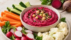 Houmous de betterave crémeux servi avec des crudités colorées