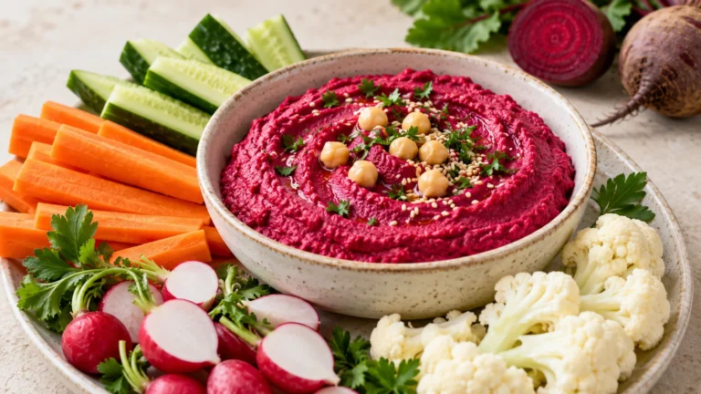 Houmous de betterave crémeux servi avec des crudités colorées