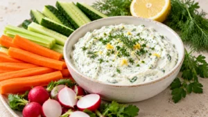 Sauce au fromage blanc aux herbes servie avec des crudités