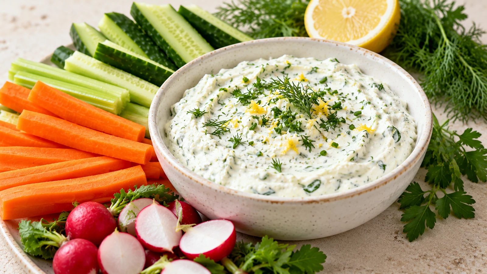 Sauce au fromage blanc aux herbes servie avec des crudités