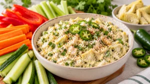 Creamy artichoke jalapeño dip served with carrots, cucumber, celery and bell pepper