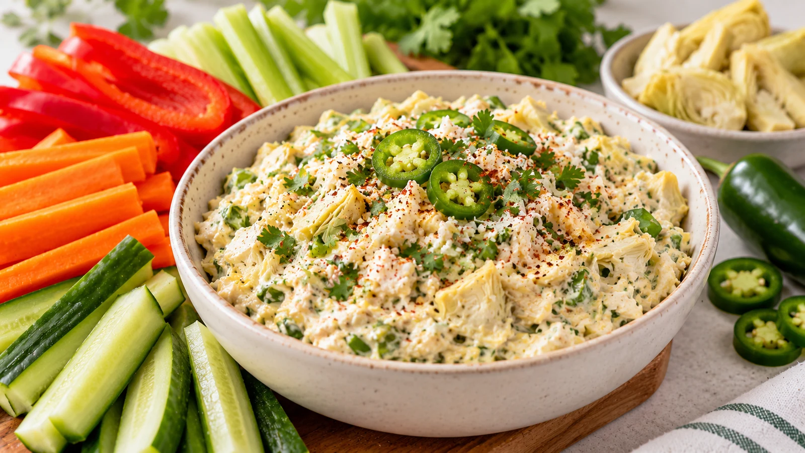 Creamy artichoke jalapeño dip served with carrots, cucumber, celery and bell pepper