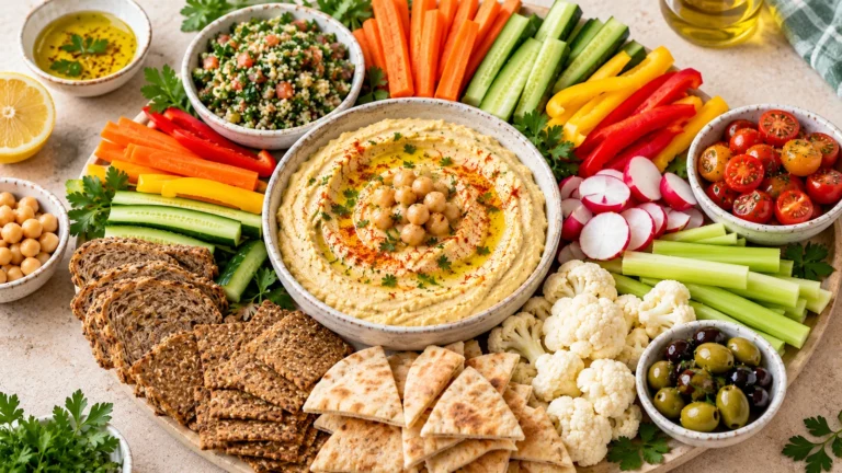 Houmous servi avec crudités, pain pita et accompagnements pour l’apéritif