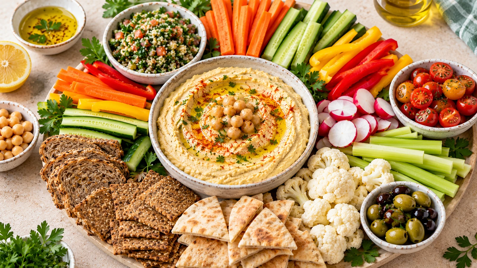 Houmous servi avec crudités, pain pita et accompagnements pour l’apéritif