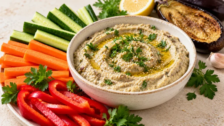 Baba ganoush crémeux à l’aubergine et au tahini avec crudités