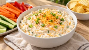 Baked potato dip with cheddar and green onions in a white bowl, served with carrot sticks, cucumber, bell peppers and potato chips.