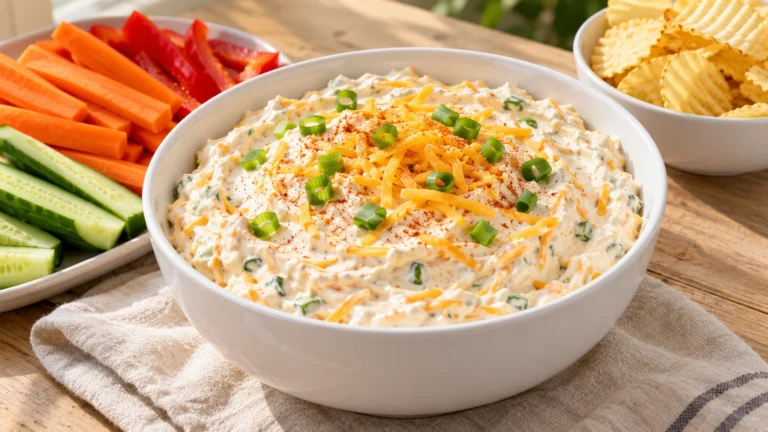 Baked potato dip with cheddar and green onions in a white bowl, served with carrot sticks, cucumber, bell peppers and potato chips.