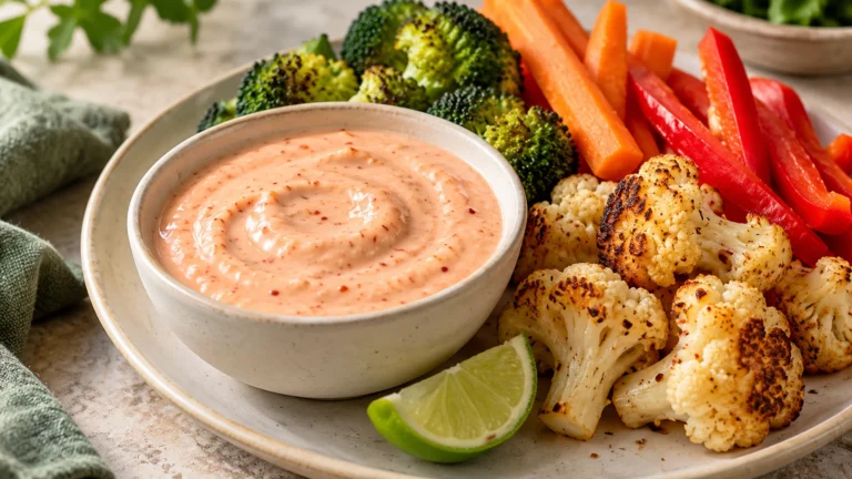 Bang bang sauce with Greek yogurt served with roasted cauliflower, broccoli, carrot sticks and red bell pepper strips.