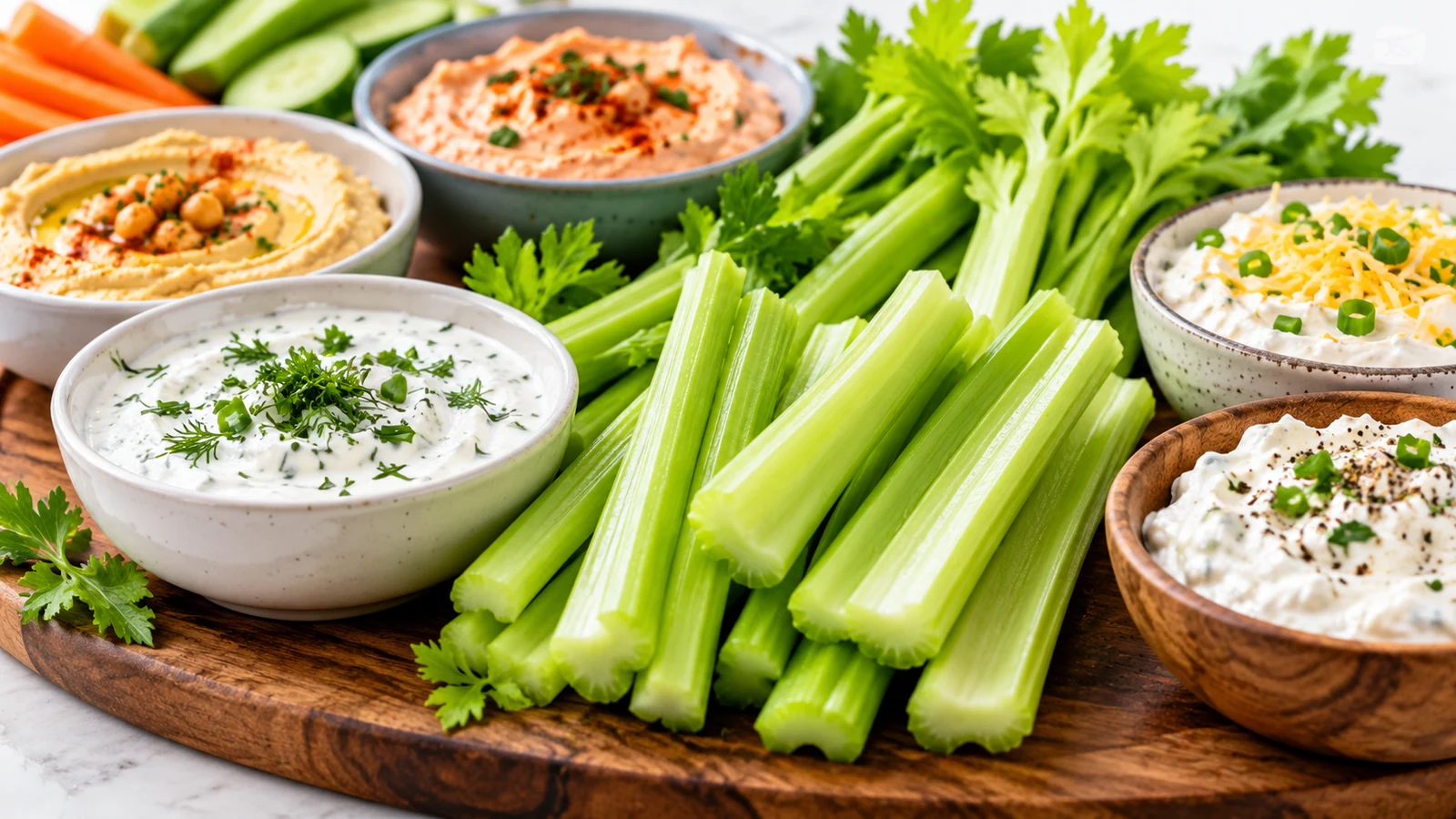 Best Dips for Celery Sticks: Celery sticks served with hummus, Greek yogurt dip, cream cheese dip and other vegetable dips.