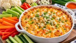 Baked buffalo cauliflower dip with melted cheddar, green onions and roasted cauliflower served with celery and carrot sticks