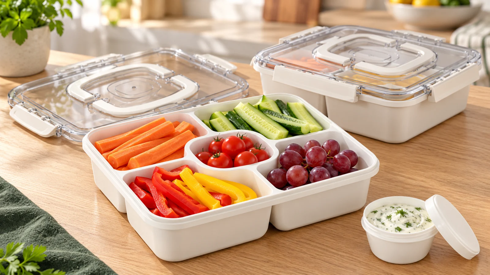AI-generated illustration of two white five-compartment snackle boxes with clear lids, folding handles and a separate round dip container.