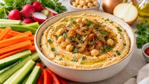 Creamy caramelized onion hummus served with carrots, cucumber, celery, peppers and radishes