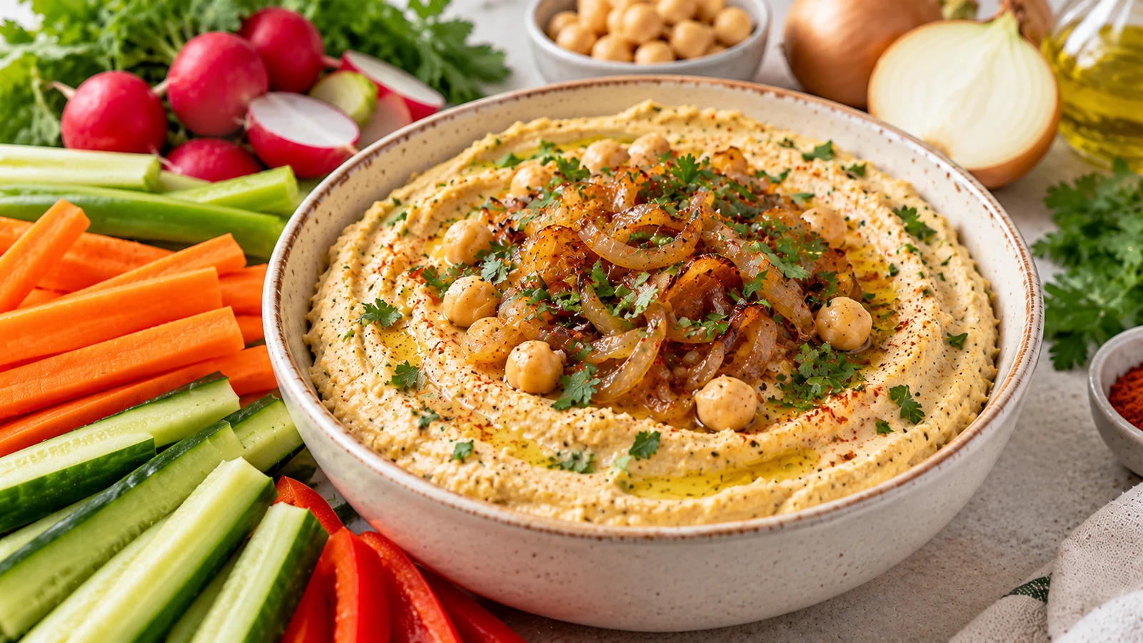 Creamy caramelized onion hummus served with carrots, cucumber, celery, peppers and radishes