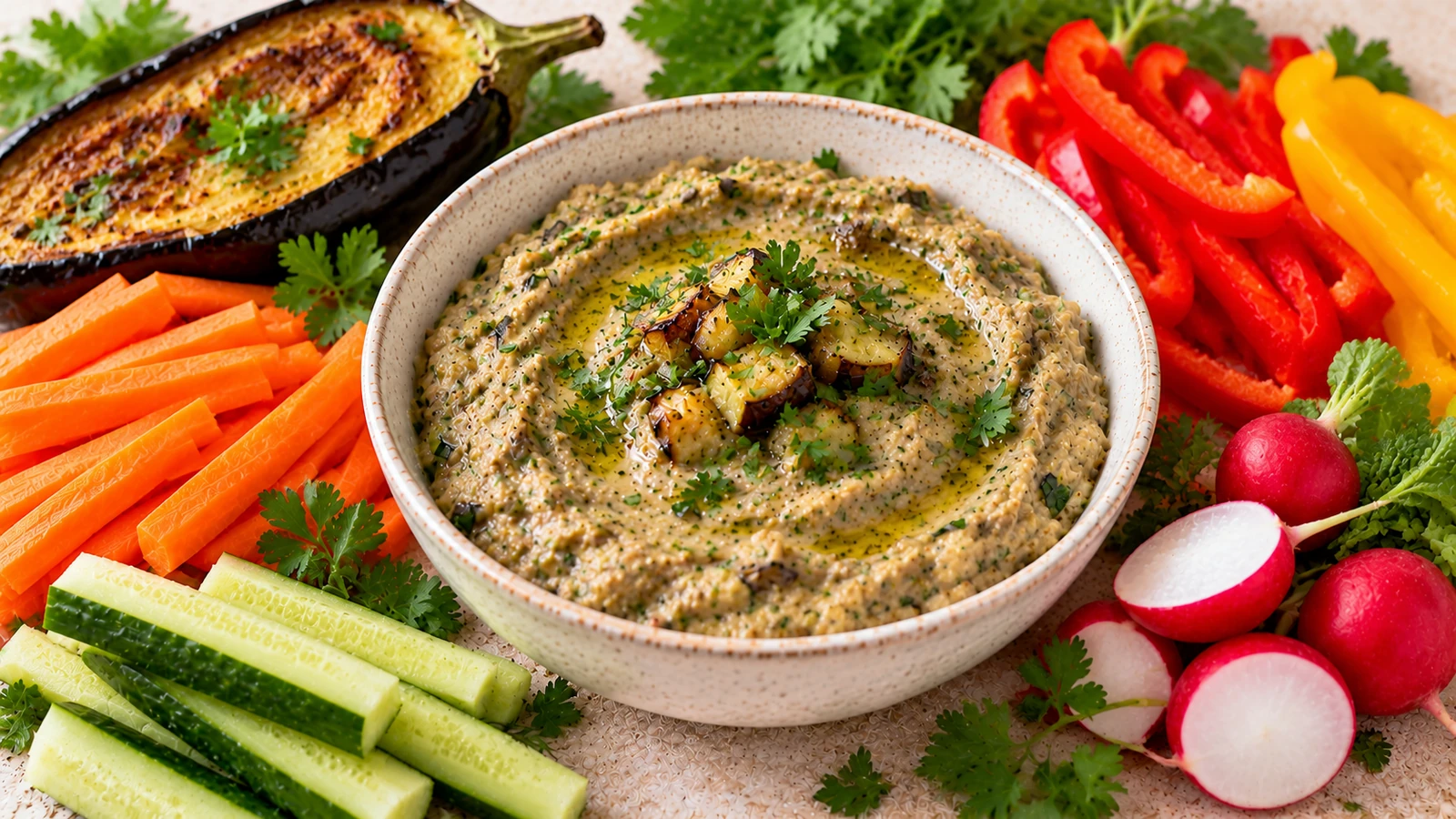 Caviar d’aubergine crémeux sans tahini servi avec des crudités