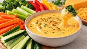 Creamy cheddar cheese sauce served with broccoli, carrots, cucumber, celery and bell peppers