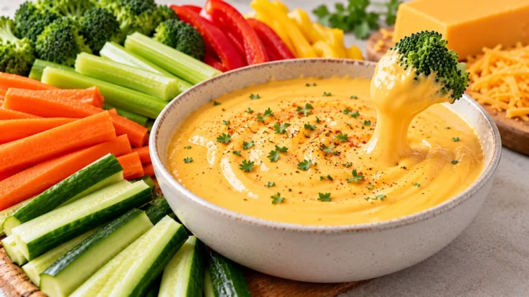 Creamy cheddar cheese sauce served with broccoli, carrots, cucumber, celery and bell peppers