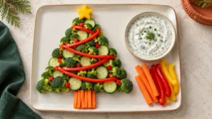Christmas veggie tray with broccoli and cucumber arranged as a tree, red pepper garlands, a yellow pepper star, and creamy herb dip.