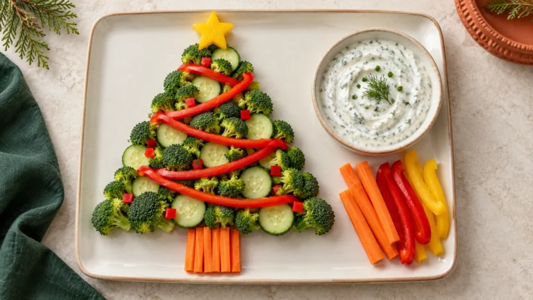 Christmas veggie tray with broccoli and cucumber arranged as a tree, red pepper garlands, a yellow pepper star, and creamy herb dip.