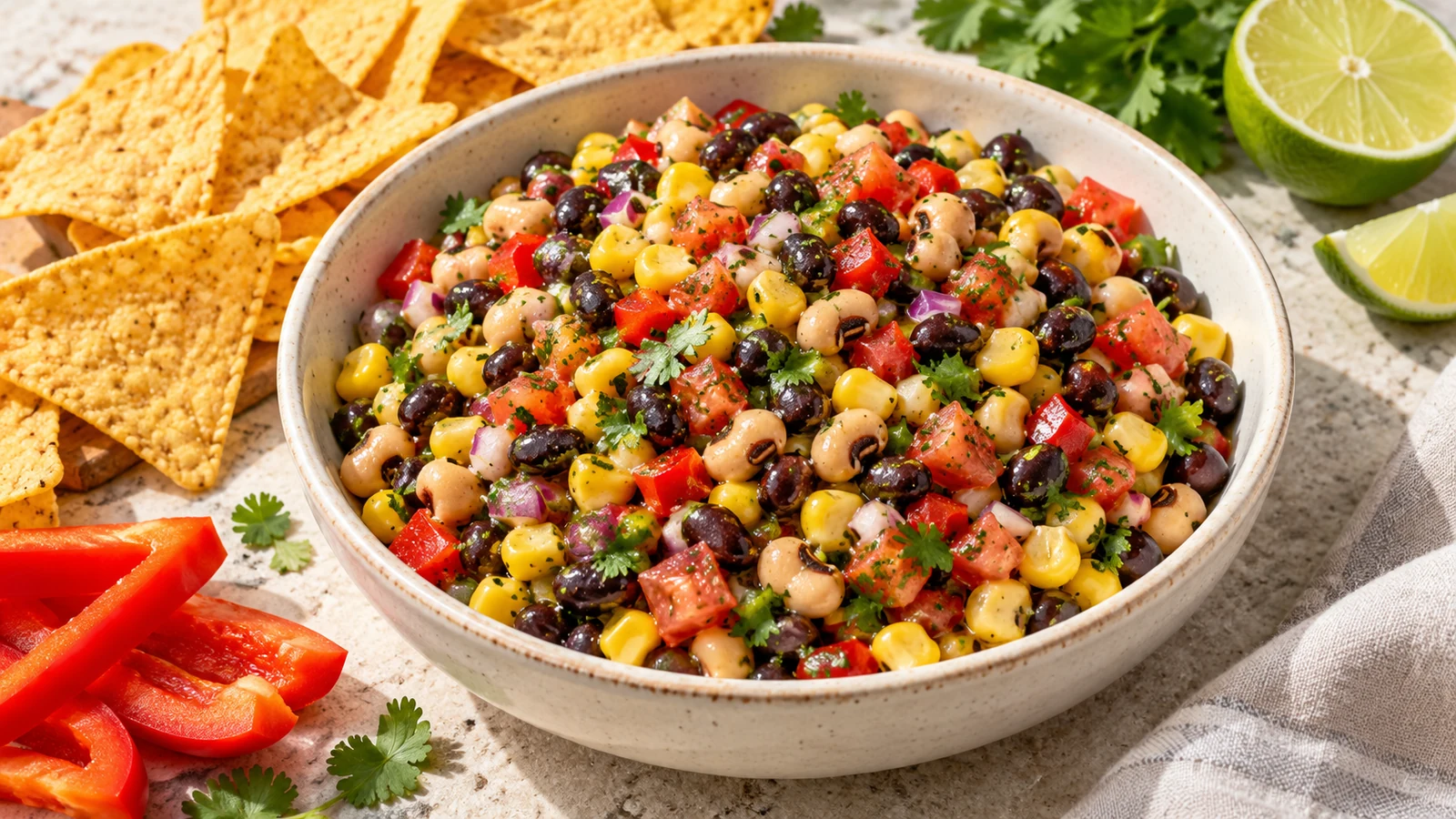 Cowboy caviar dip recipe with black beans, black-eyed peas, corn, tomatoes and red pepper in lime dressing, served with tortilla chips.