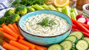 Creamy dill dip recipe with fresh dill, carrots, cucumbers, broccoli and celery