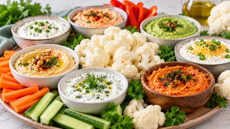 Raw cauliflower florets served with hummus, yogurt dip, roasted red pepper dip and other vegetable dips