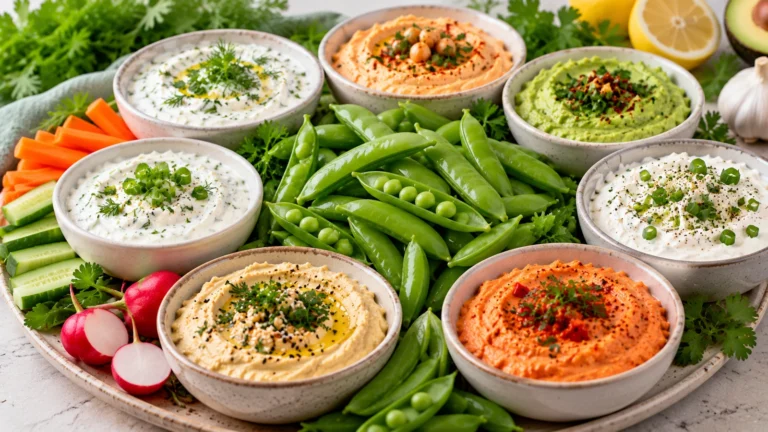 Sugar snap peas served with hummus, yogurt dip, avocado dip and other vegetable dipping sauces